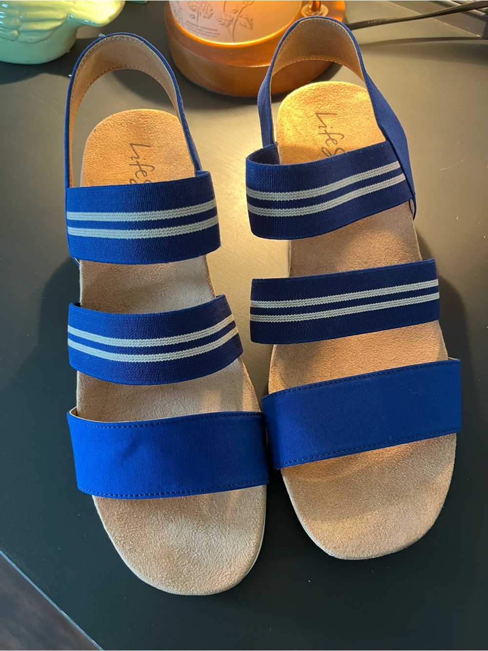 Life Stride Blue Triple-Strap Elastic Sandals